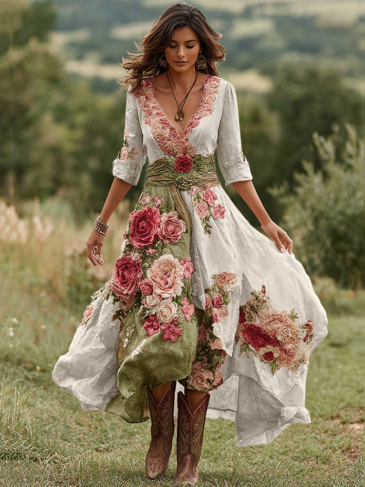 Robe longue vintage pour femme en lin mélangé à col en V et imprimé floral