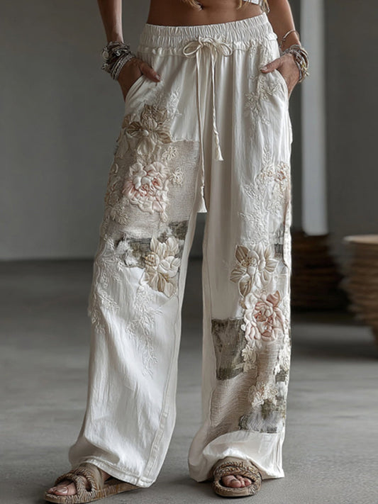 Pantalon décontracté en lin pour femme, avec patchwork floral rétro et motifs artistiques