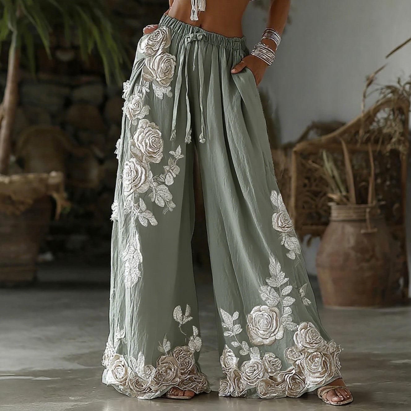 Pantalon en lin décontracté brodé floral style rétro pour femmes